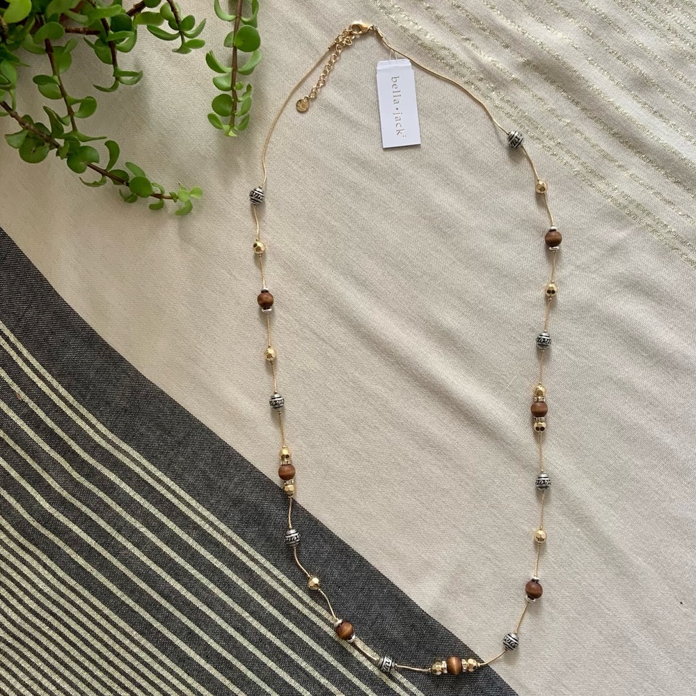 NWT Bella Jack Wooden Metal and Rhinestone Beaded Necklace